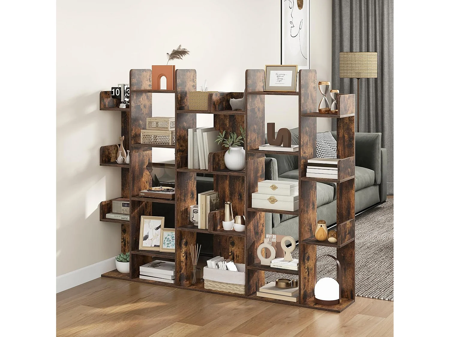 Bibliothèque arbre, 13 étagères ouvertes, etagère décorative autoportante,marron rustique