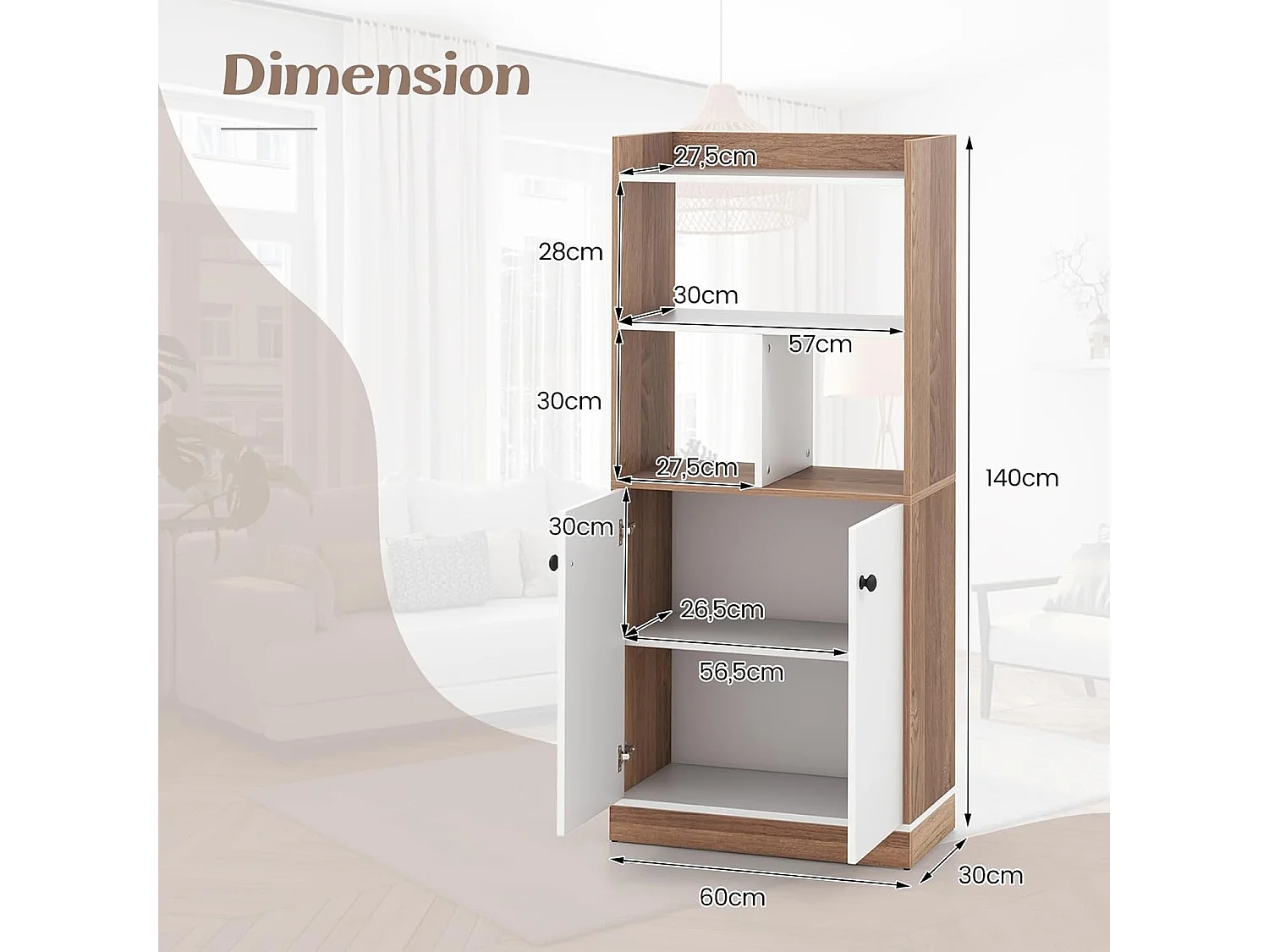 Bibliothèque, avec étagère ouverte, dispositif anti-basculement, 60x30x140cm