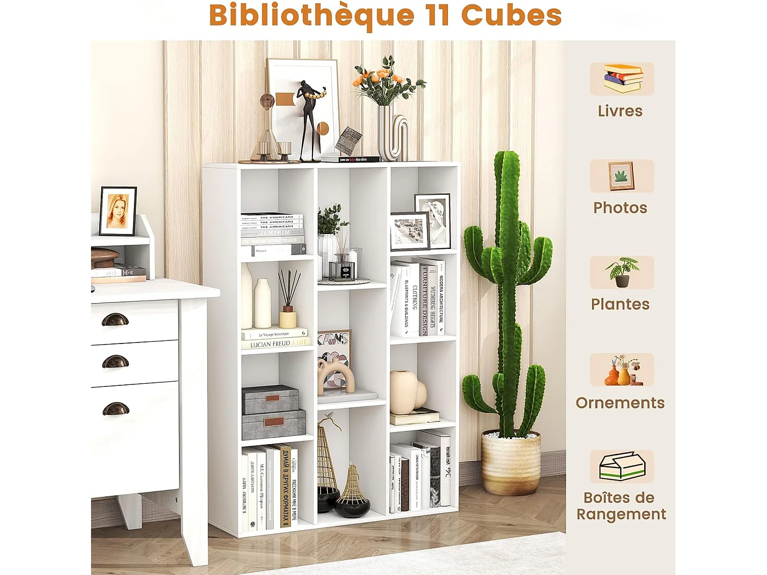 Bibliothèque à 11 cubes, avec compartiments,kits anti-basculement,24 x 74 x 106 cm, blanc