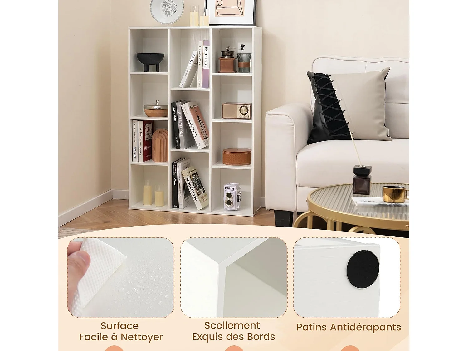 Bibliothèque à 11 cubes, avec compartiments,kits anti-basculement,24 x 74 x 106 cm, blanc