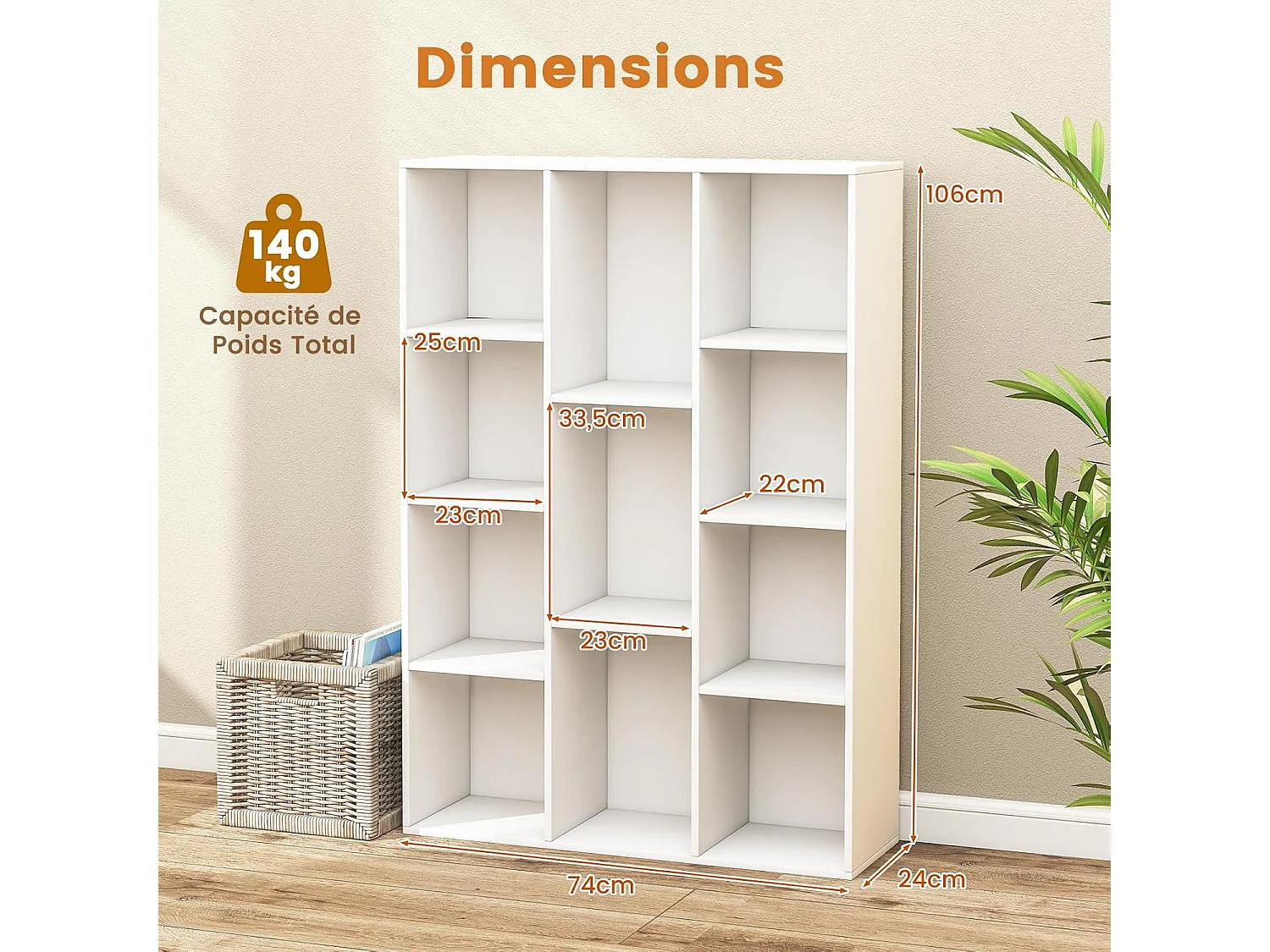 Bibliothèque à 11 cubes, avec compartiments,kits anti-basculement,24 x 74 x 106 cm, blanc