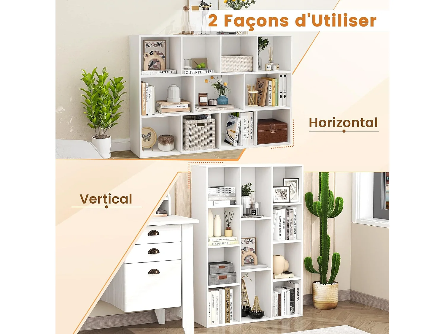 Bibliothèque à 11 cubes, avec compartiments,kits anti-basculement,24 x 74 x 106 cm, blanc