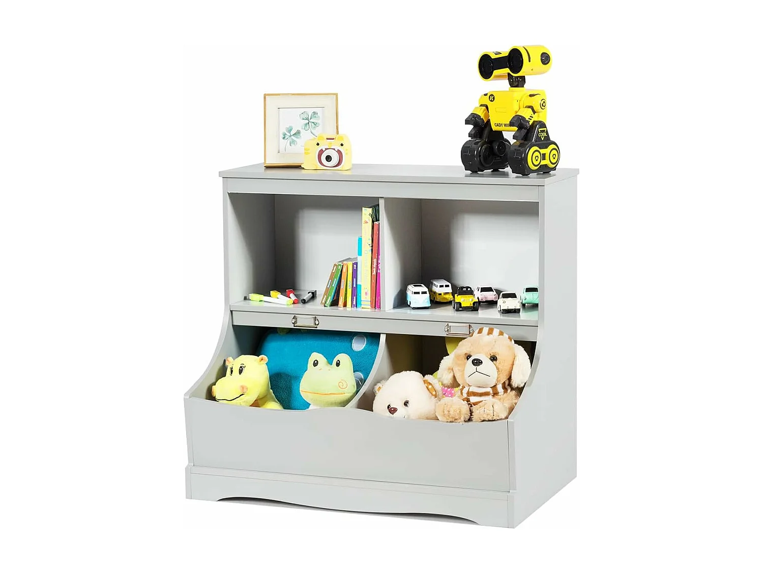 Bibliothèque enfants avec 2 compartiments ouverts et 2 bacs, 2 niveaux, 67 x 40 x 62 cm