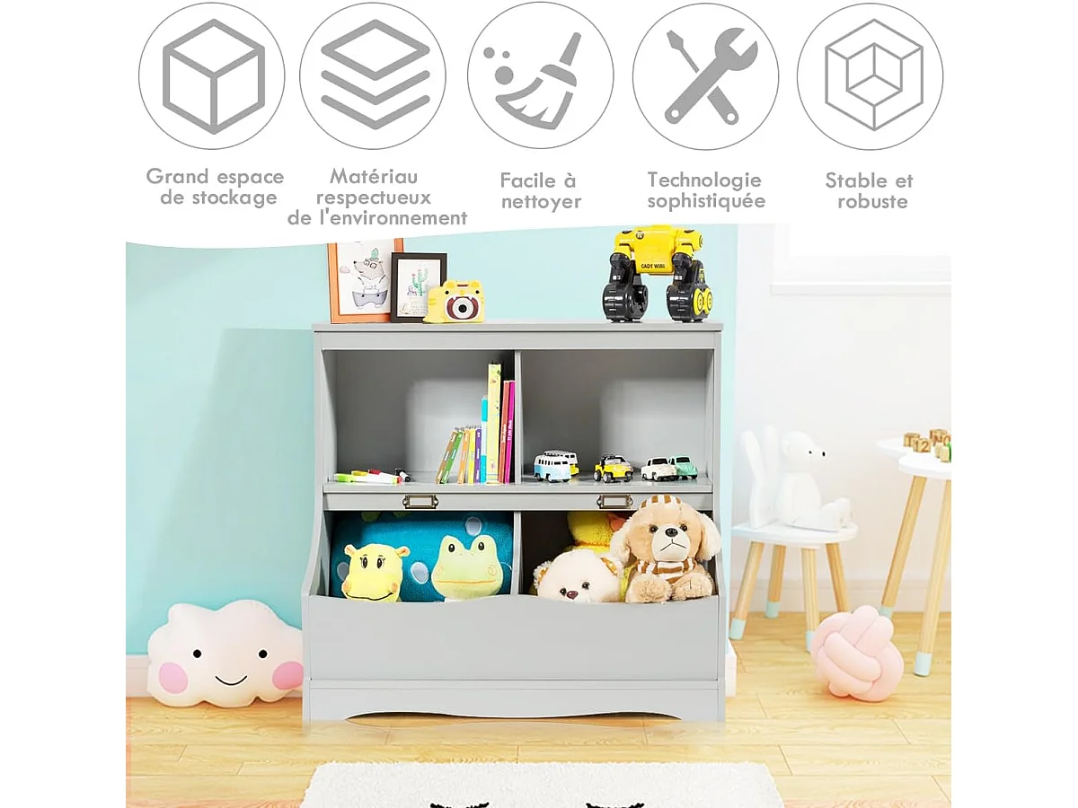 Bibliothèque enfants avec 2 compartiments ouverts et 2 bacs, 2 niveaux, 67 x 40 x 62 cm