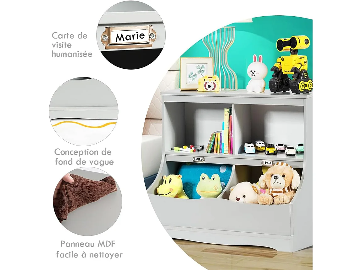 Bibliothèque enfants avec 2 compartiments ouverts et 2 bacs, 2 niveaux, 67 x 40 x 62 cm