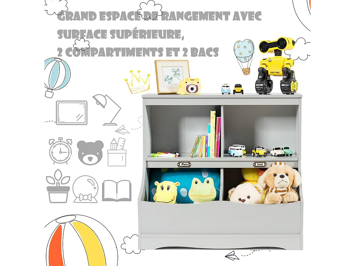 Bibliothèque enfants avec 2 compartiments ouverts et 2 bacs, 2 niveaux, 67 x 40 x 62 cm