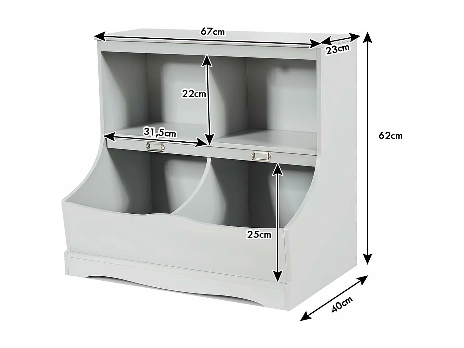 Bibliothèque enfants avec 2 compartiments ouverts et 2 bacs, 2 niveaux, 67 x 40 x 62 cm