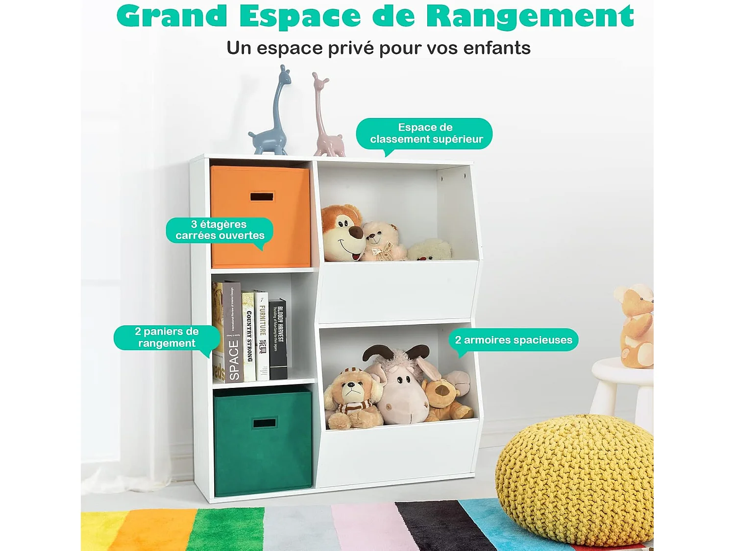 Placard de rangement pour jouets avec 2 paniers, 3 cubes, 77 x 35 x 93 cm blanc