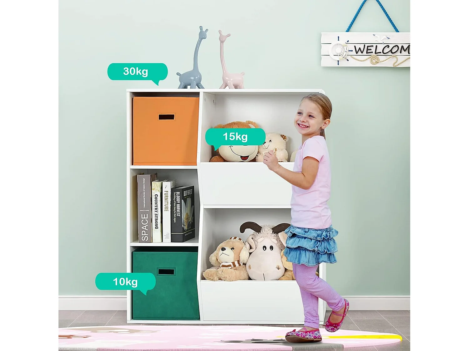 Placard de rangement pour jouets avec 2 paniers, 3 cubes, 77 x 35 x 93 cm blanc