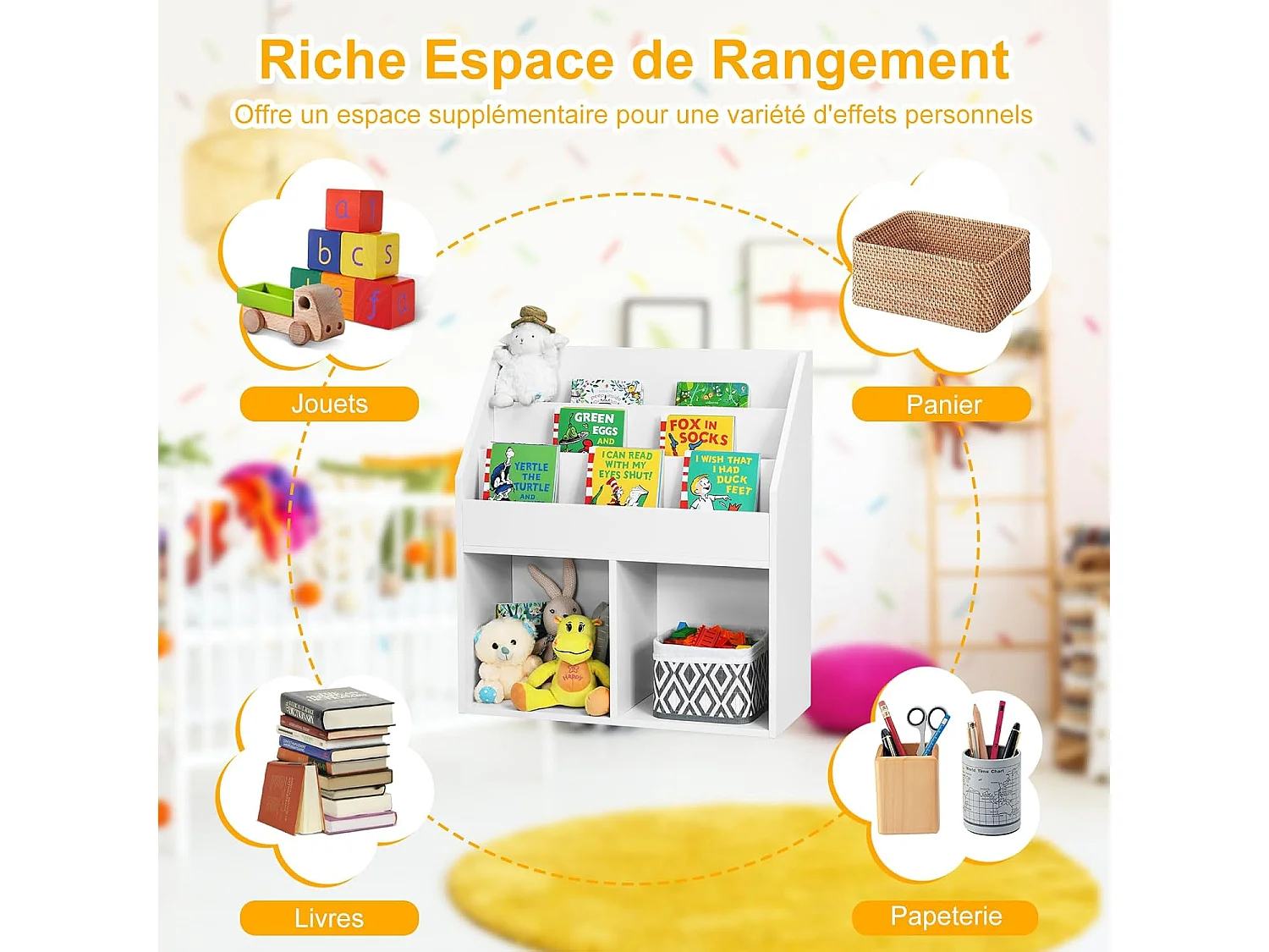 Bibliothèque enfants en bois avec 3 compartiments & 2 cubes ouverts,70 x 30 x 80cm