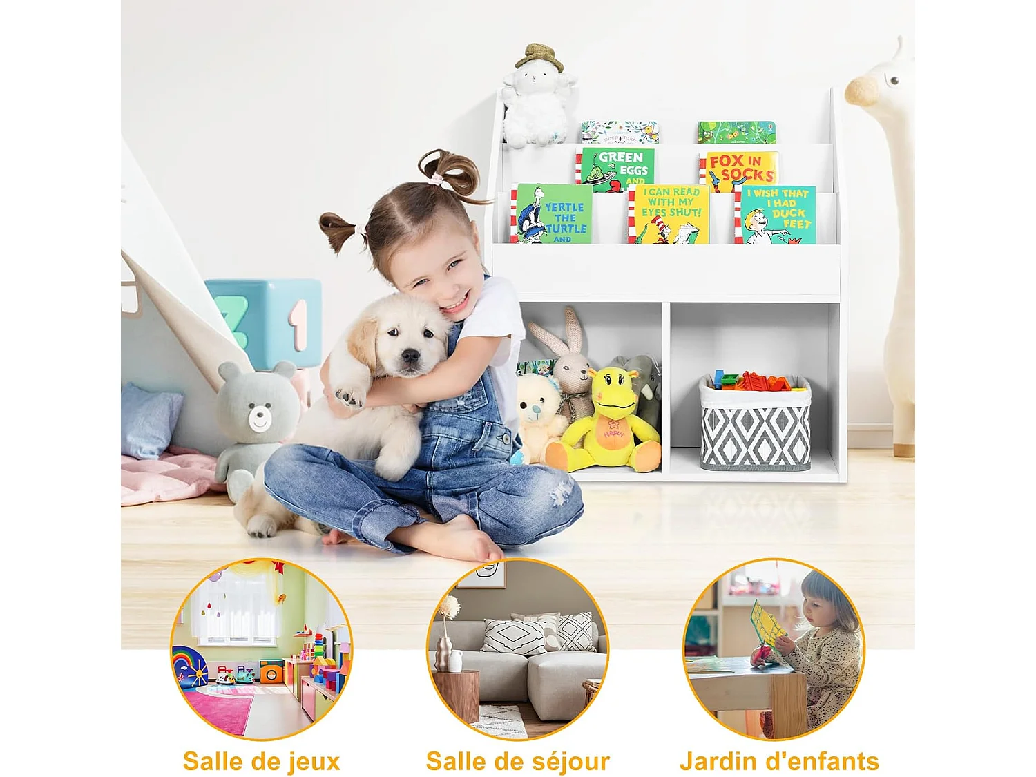 Bibliothèque enfants en bois avec 3 compartiments & 2 cubes ouverts,70 x 30 x 80cm