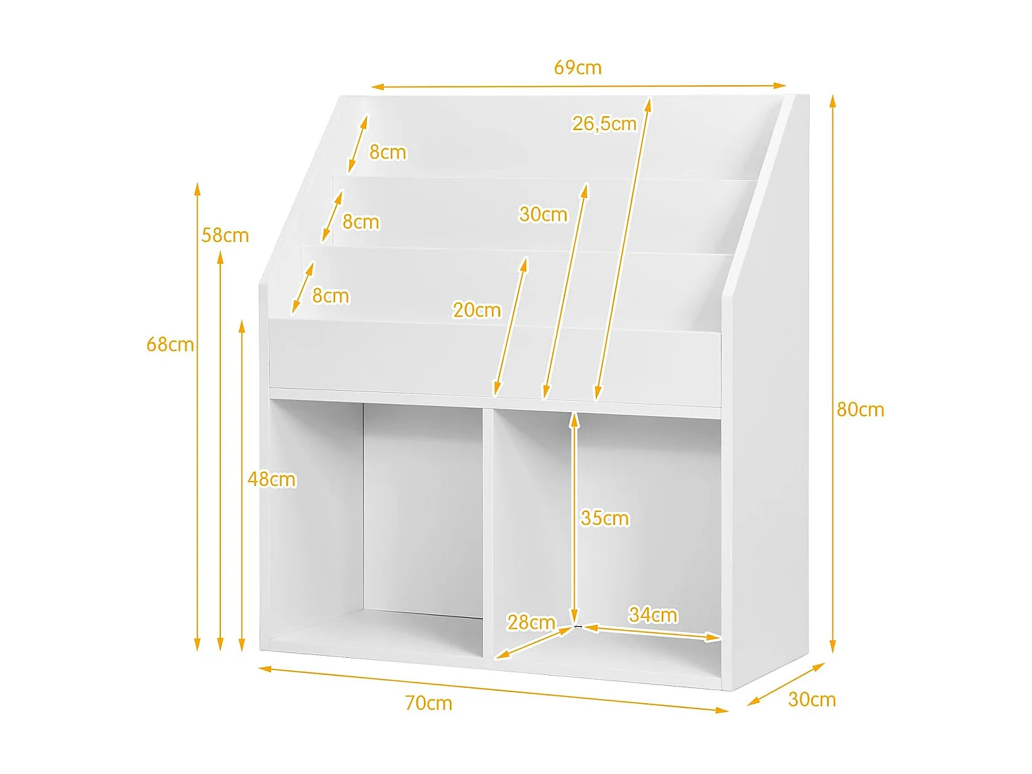 Bibliothèque enfants en bois avec 3 compartiments & 2 cubes ouverts,70 x 30 x 80cm