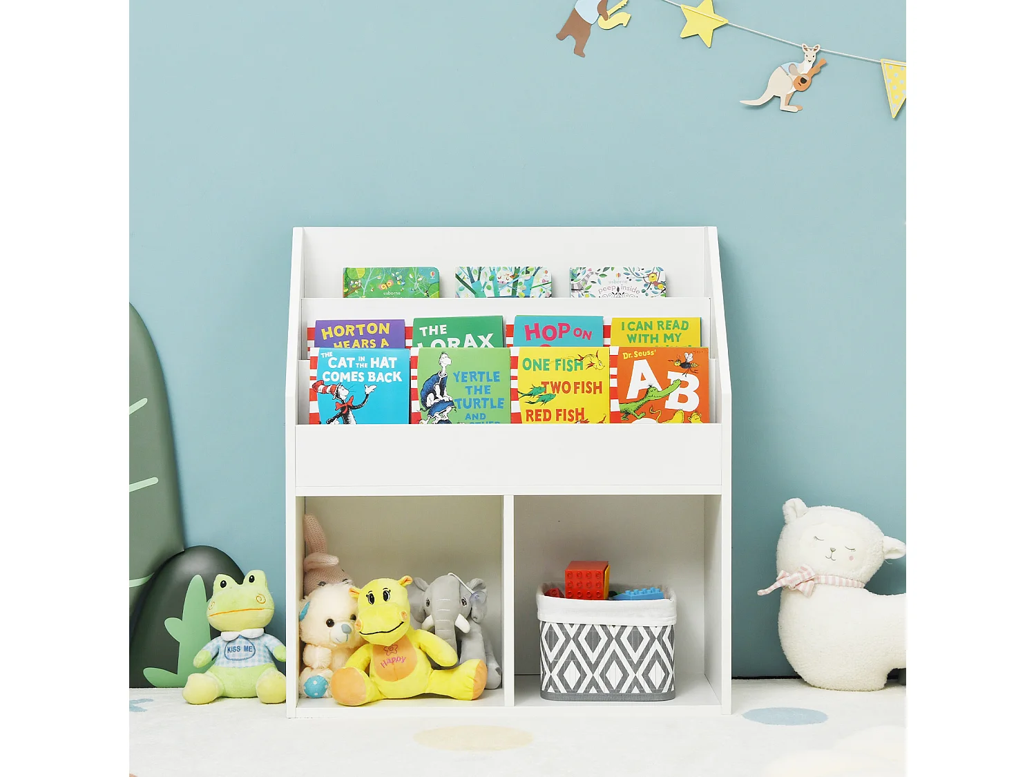 Bibliothèque enfants bois, 3 compartiments & 2 cubes, 15kg, 70x30x80cm