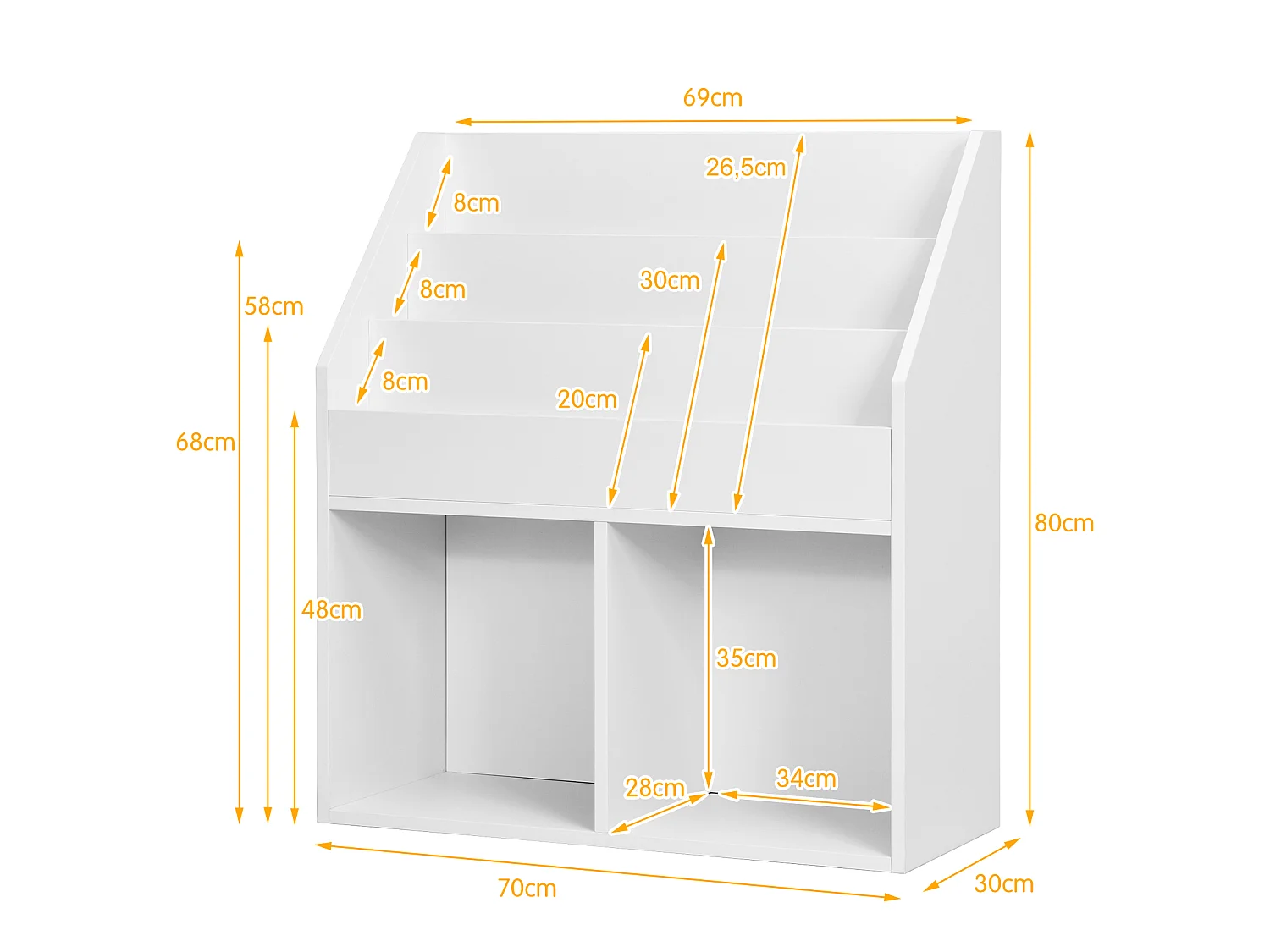 Bibliothèque enfants bois, 3 compartiments & 2 cubes, 15kg, 70x30x80cm