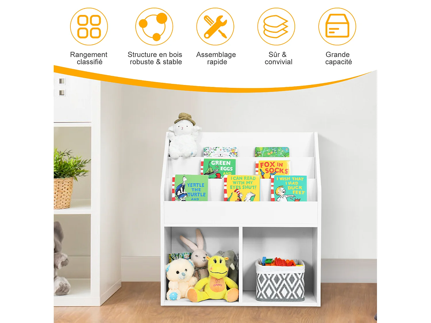 Bibliothèque enfants bois, 3 compartiments & 2 cubes, 15kg, 70x30x80cm