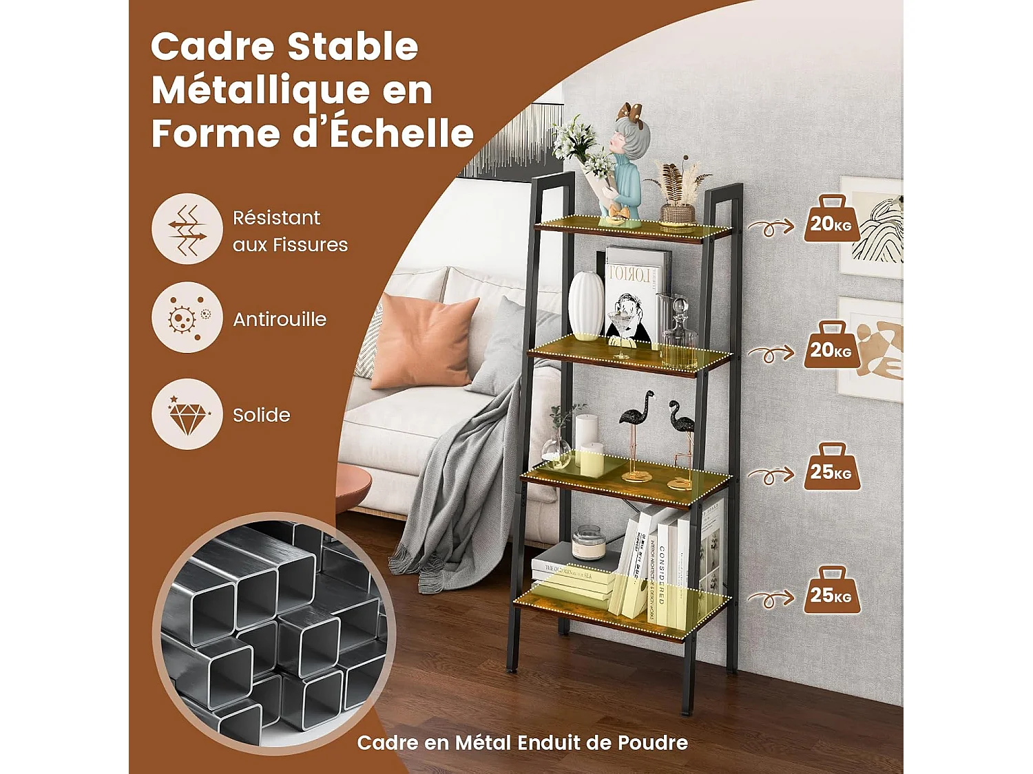 Étagère à 4 niveaux, cadre en métal, style industriel, 56 x 34 x 138 cm (brun rustique)