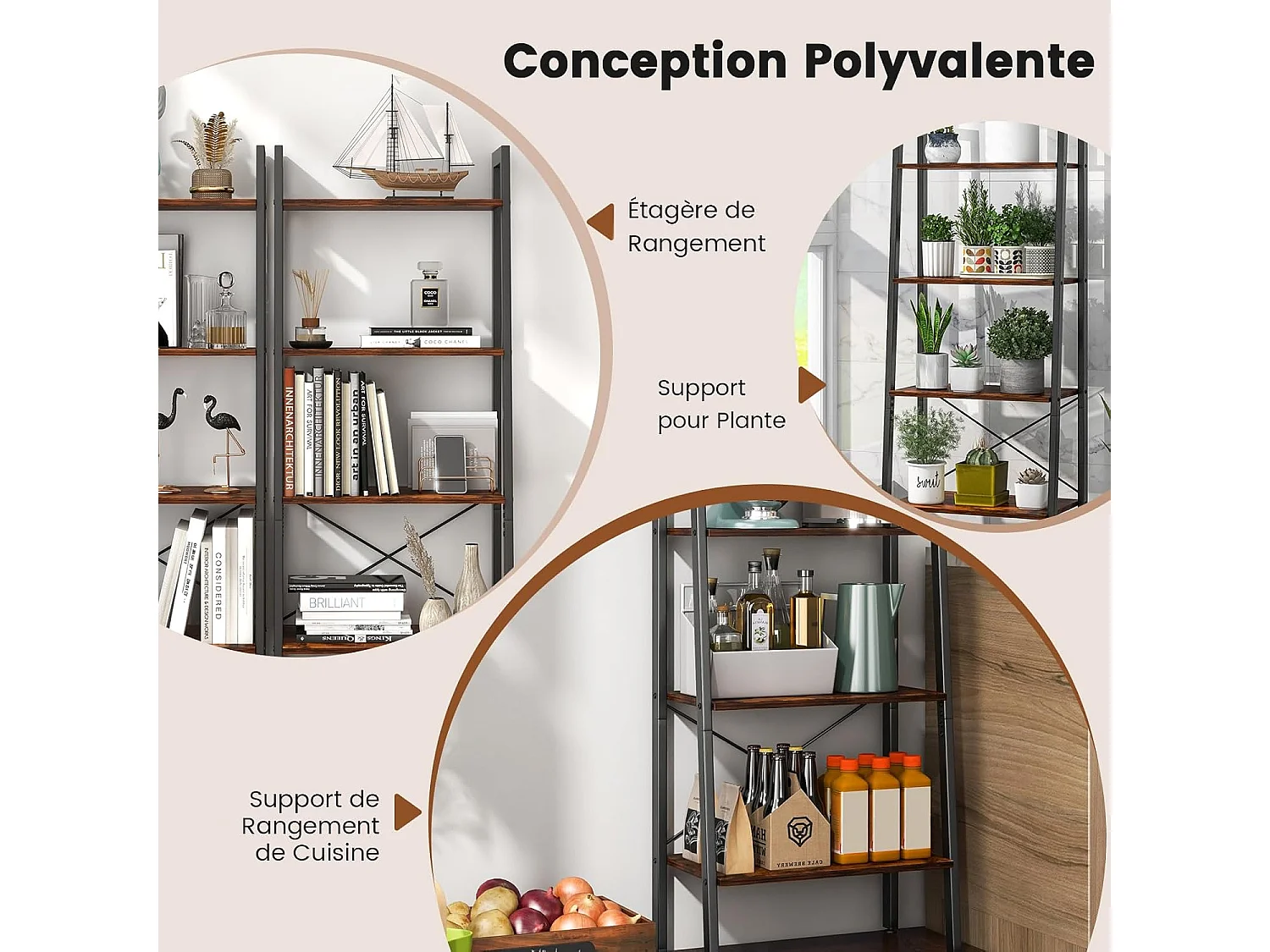 Étagère à 4 niveaux, cadre en métal, style industriel, 56 x 34 x 138 cm (brun rustique)