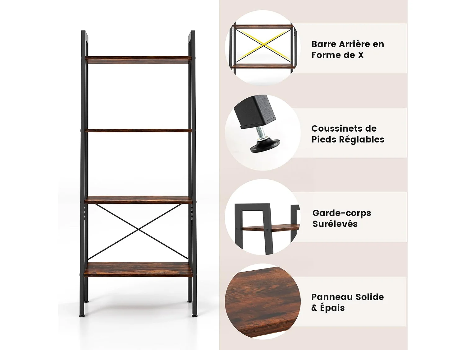 Étagère à 4 niveaux, cadre en métal, style industriel, 56 x 34 x 138 cm (brun rustique)