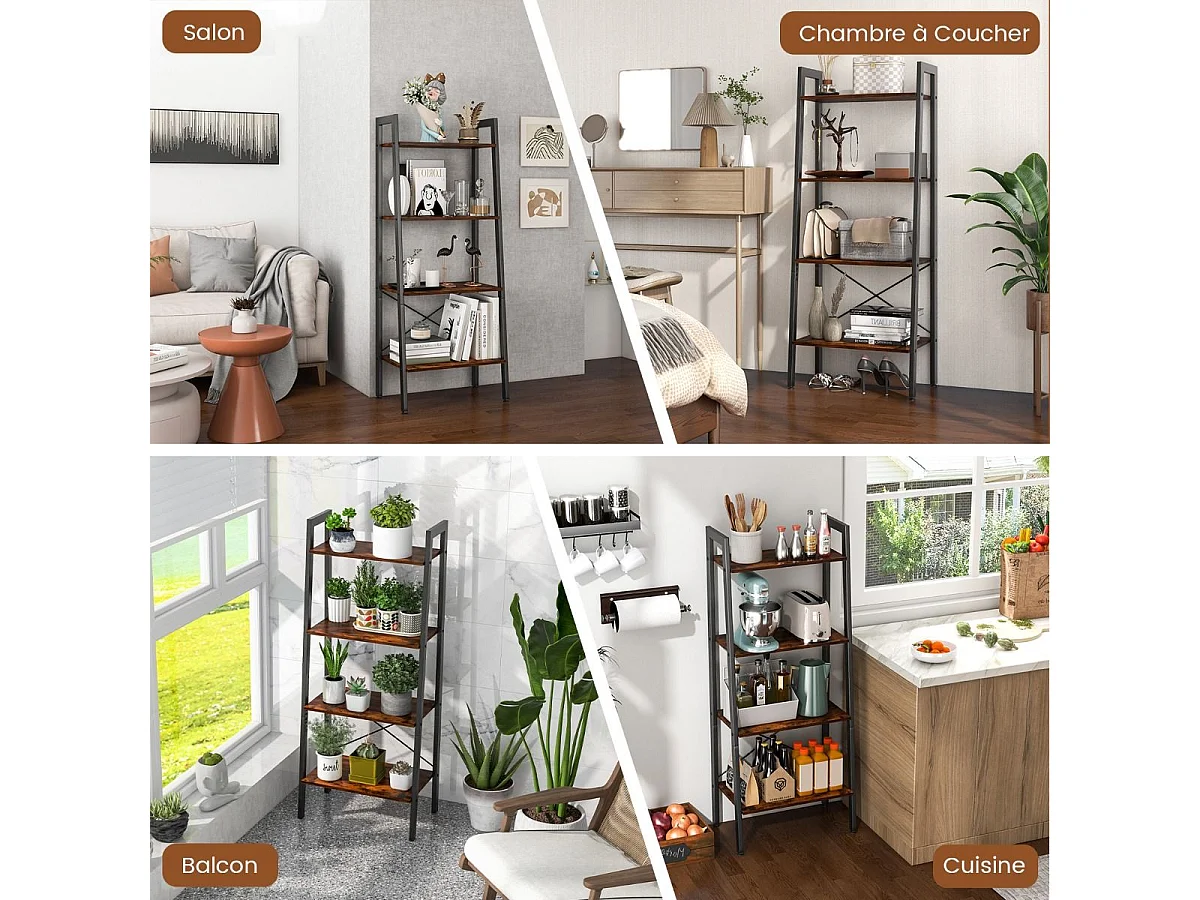 Étagère à 4 niveaux, cadre en métal, style industriel, 56 x 34 x 138 cm (brun rustique)