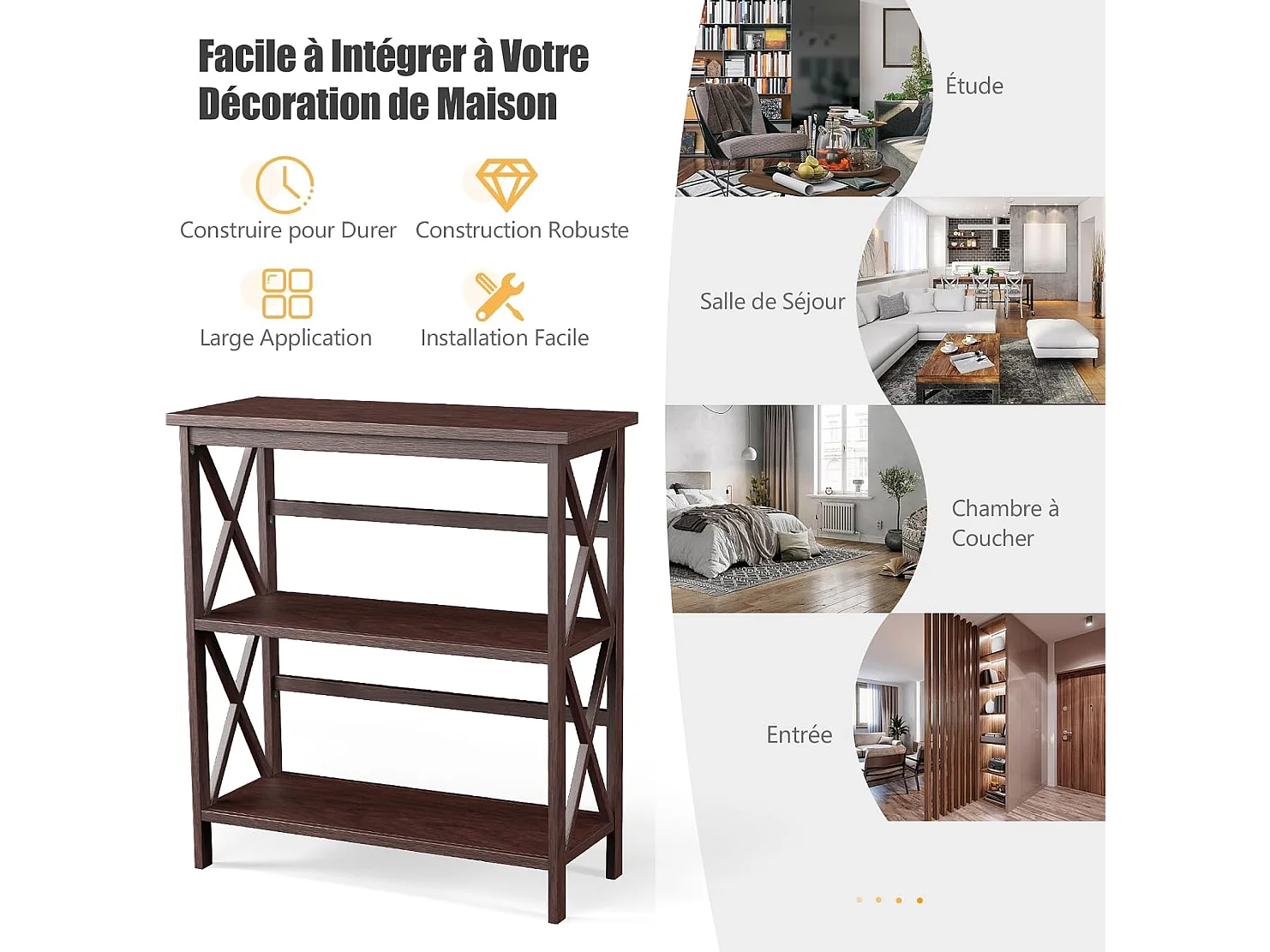 Bibliothèque étagère de rangement,en bois à 3 niveaux, dispositif anti-basculement (café)