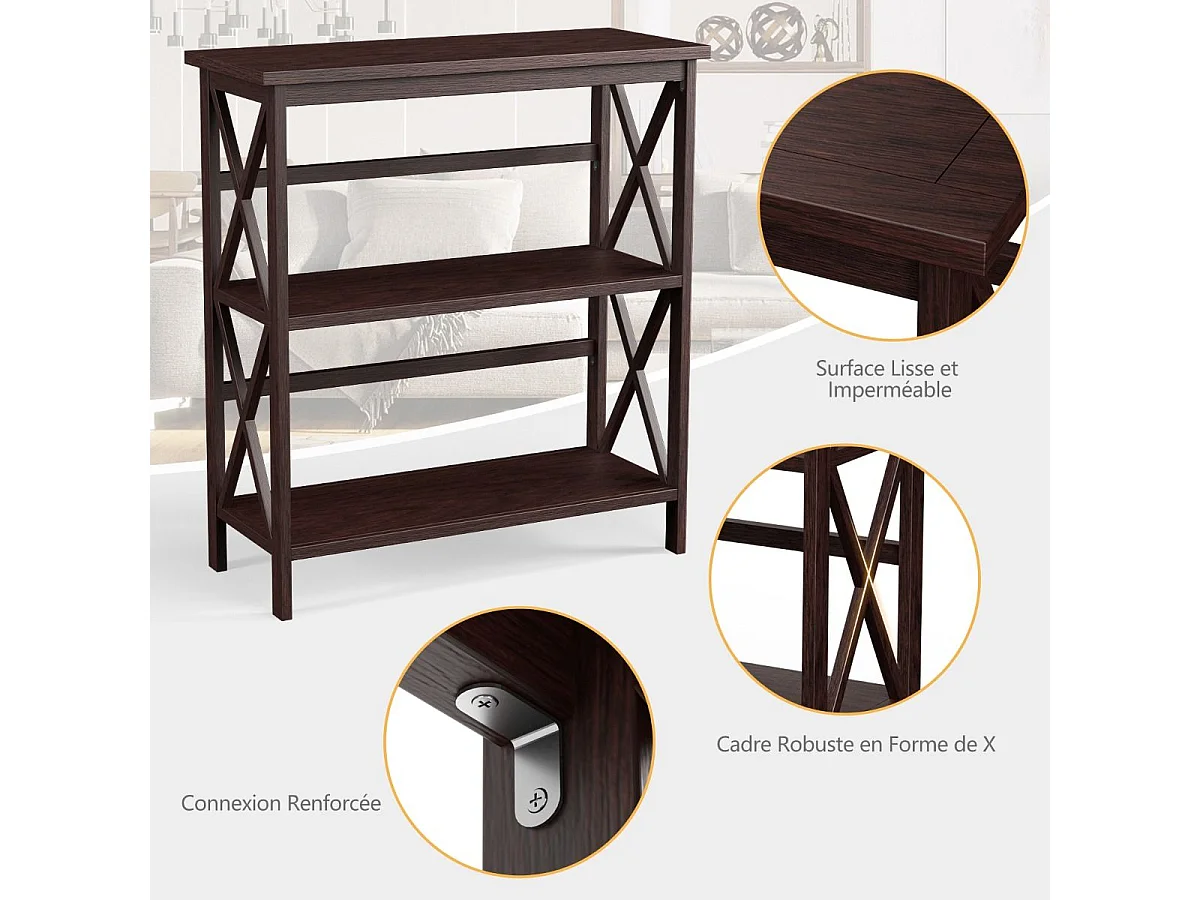 Bibliothèque étagère de rangement,en bois à 3 niveaux, dispositif anti-basculement (café)