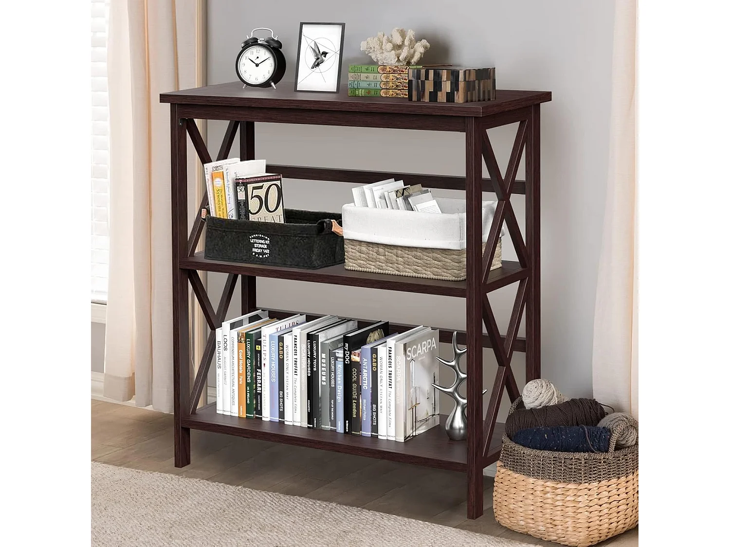 Bibliothèque étagère de rangement,en bois à 3 niveaux, dispositif anti-basculement (café)