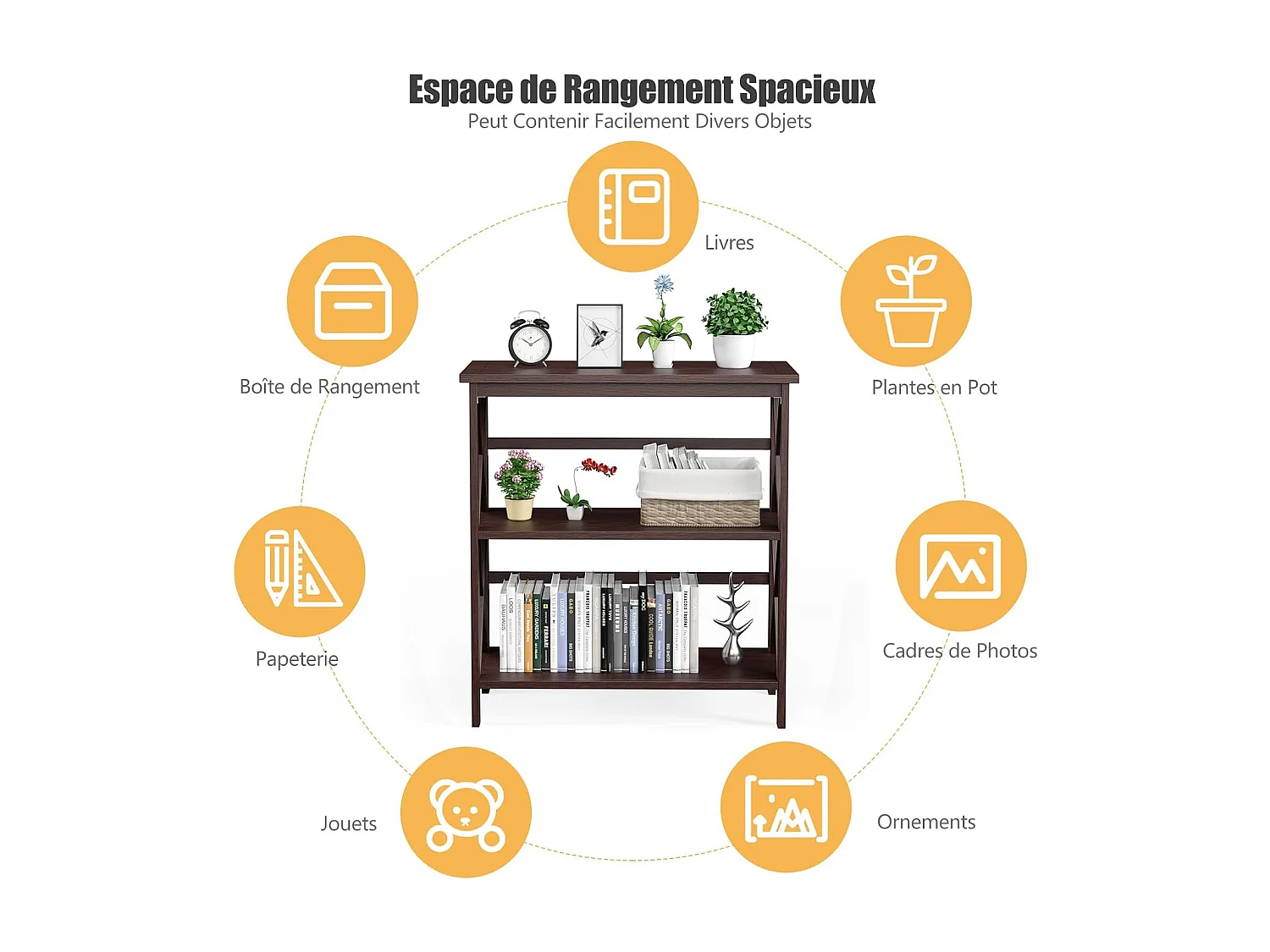 Bibliothèque étagère de rangement,en bois à 3 niveaux, dispositif anti-basculement (café)
