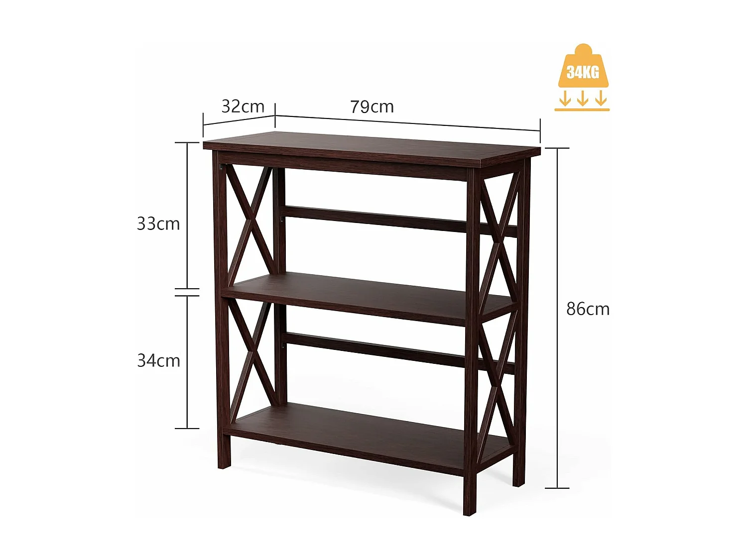 Bibliothèque étagère de rangement,en bois à 3 niveaux, dispositif anti-basculement (café)