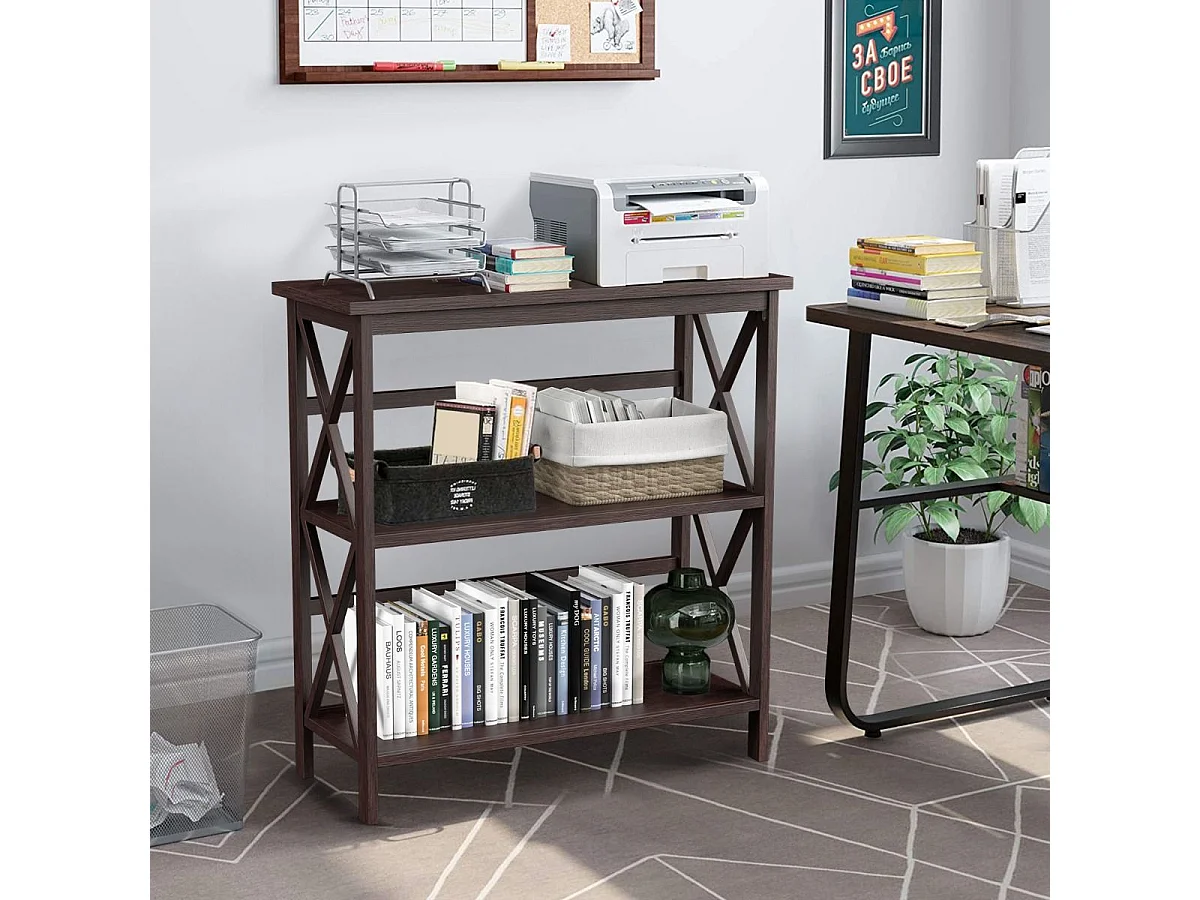 Bibliothèque étagère de rangement,en bois à 3 niveaux, dispositif anti-basculement (café)