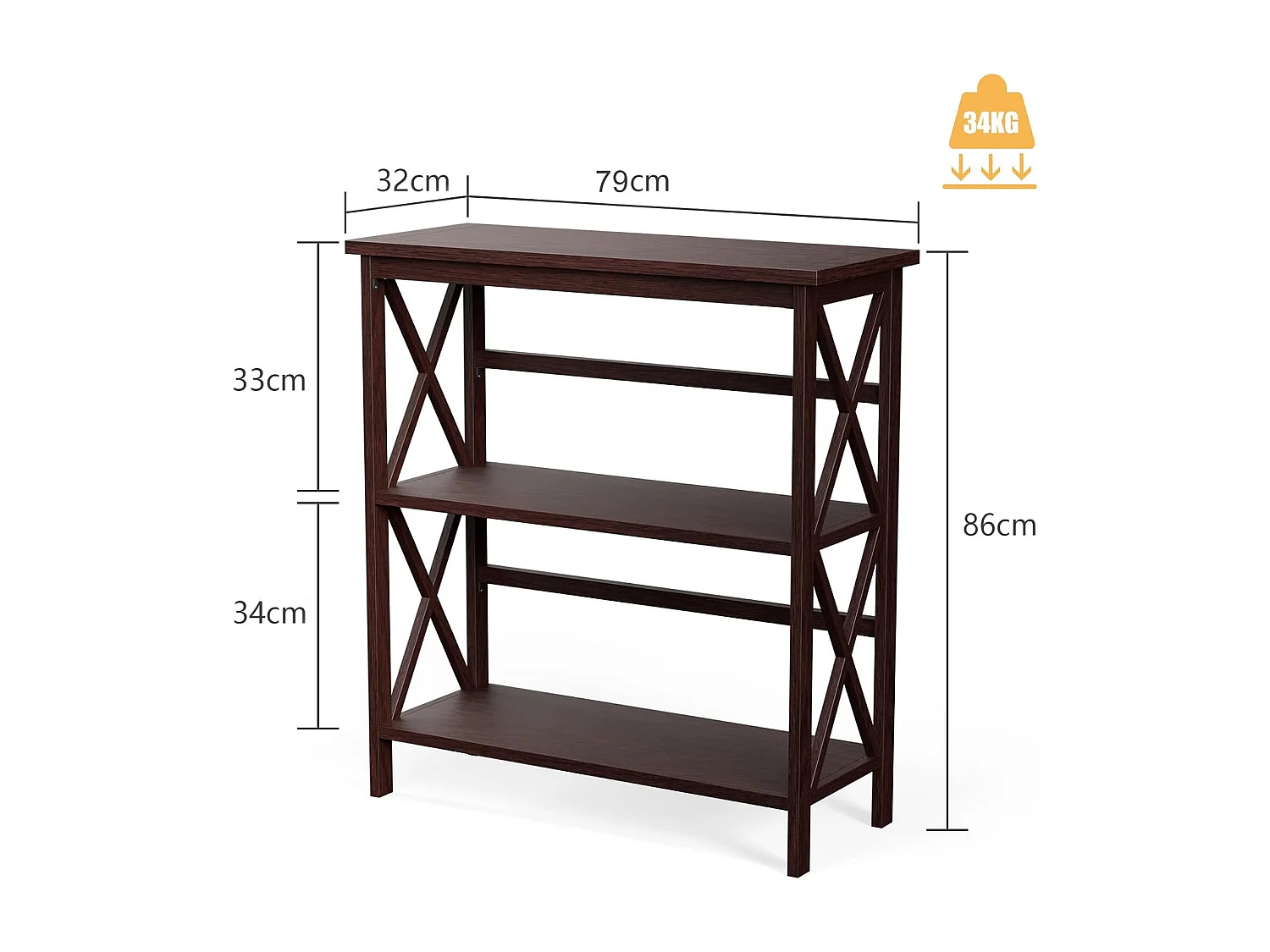 Bibliothèque étagère de rangement,en bois à 3 niveaux, dispositif anti-basculement (café)