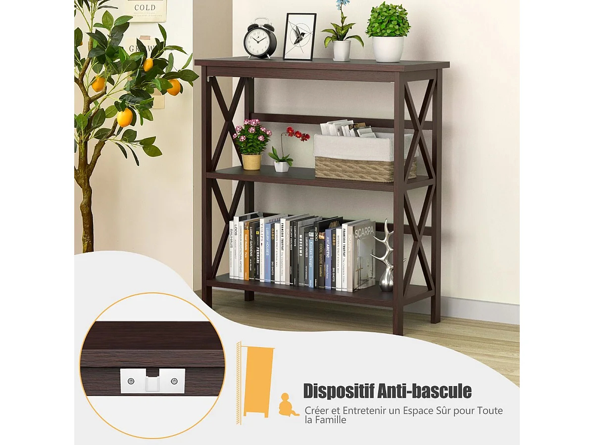 Bibliothèque étagère de rangement,en bois à 3 niveaux, dispositif anti-basculement (café)