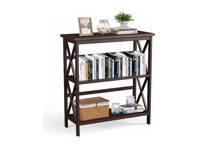 Bibliothèque étagère de rangement,en bois à 3 niveaux, dispositif anti-basculement (café)