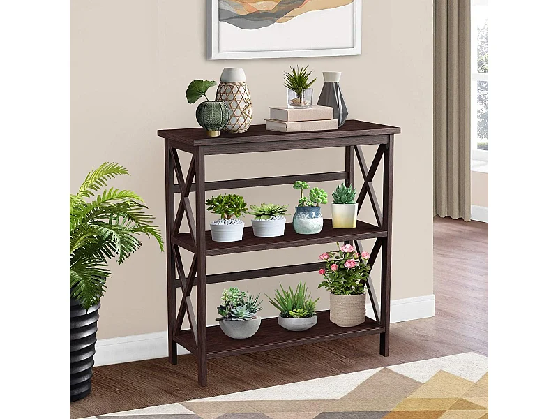 Bibliothèque étagère de rangement,en bois à 3 niveaux, dispositif anti-basculement (café)