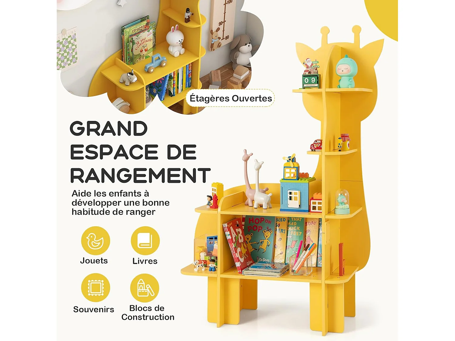 Étagère à livres enfant à 4 niveaux en forme girafe avec étagères ouvertes