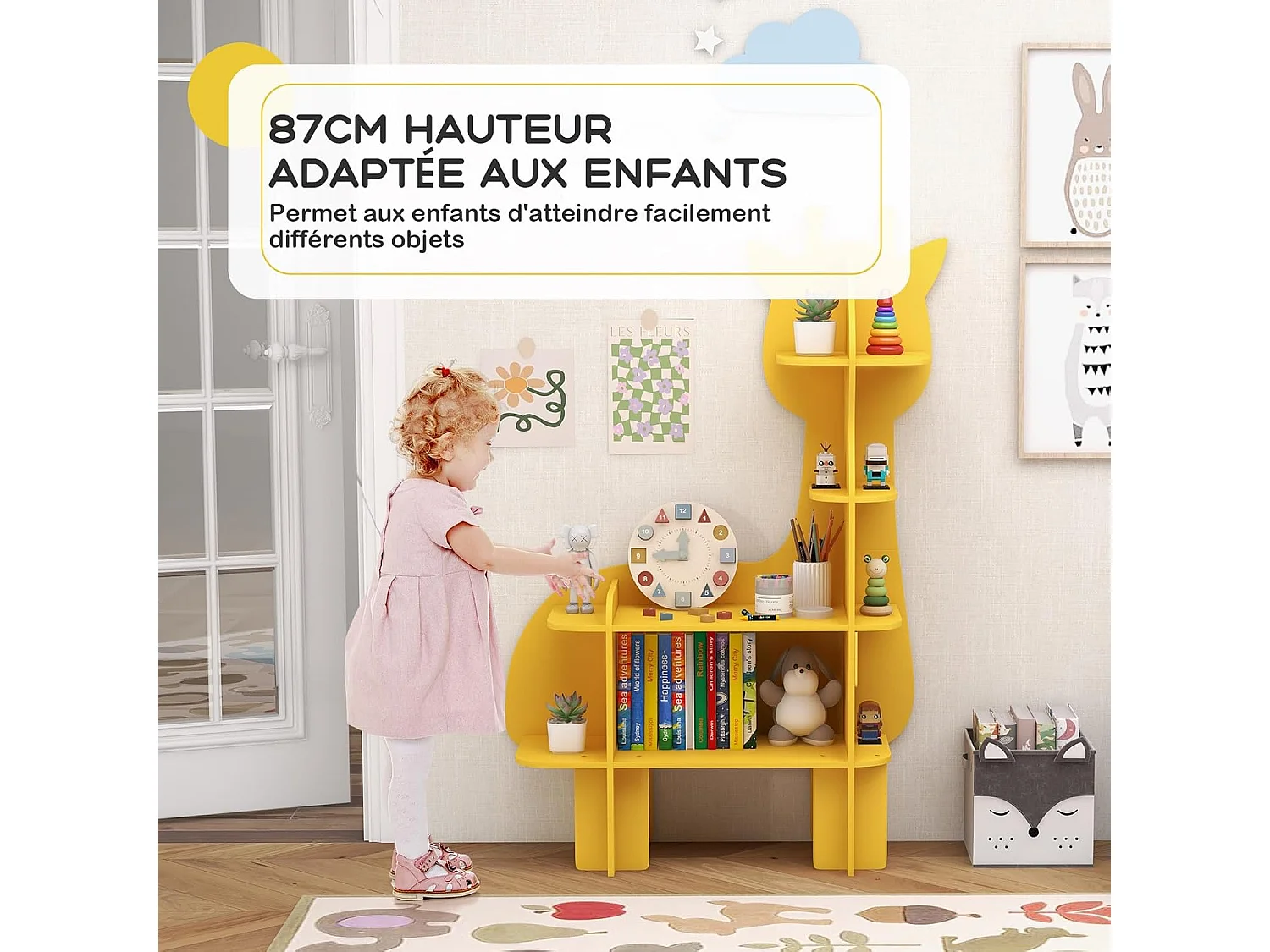 Étagère à livres enfant à 4 niveaux en forme girafe avec étagères ouvertes