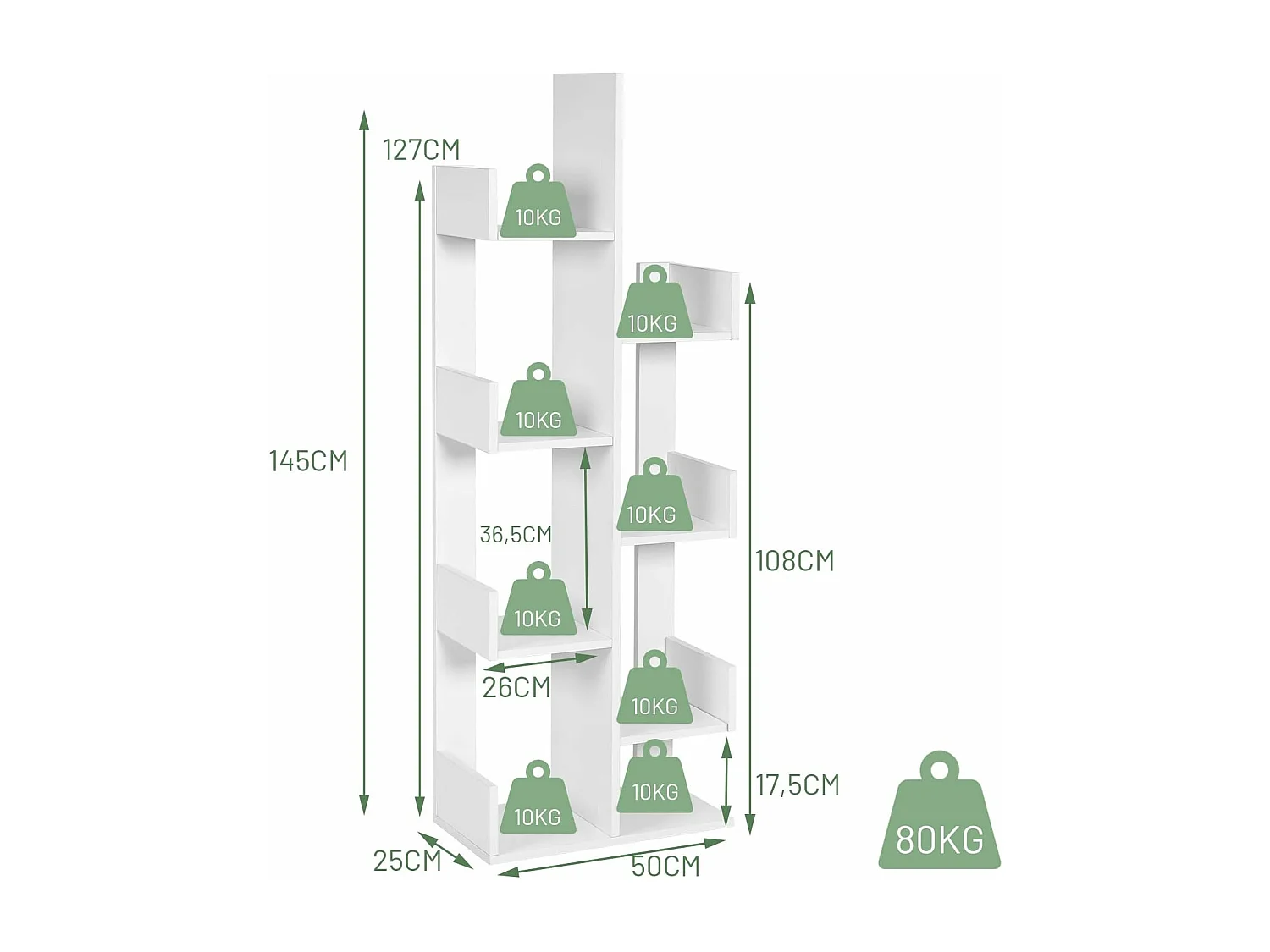 Bibliothèque, étagère de rangement à 8 niveaux en forme d'arbre, (blanc)