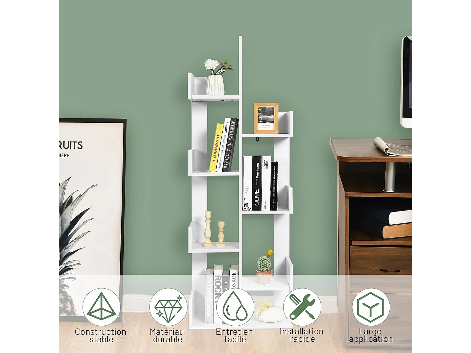 Bibliothèque, étagère de rangement à 8 niveaux en forme d'arbre, (blanc)