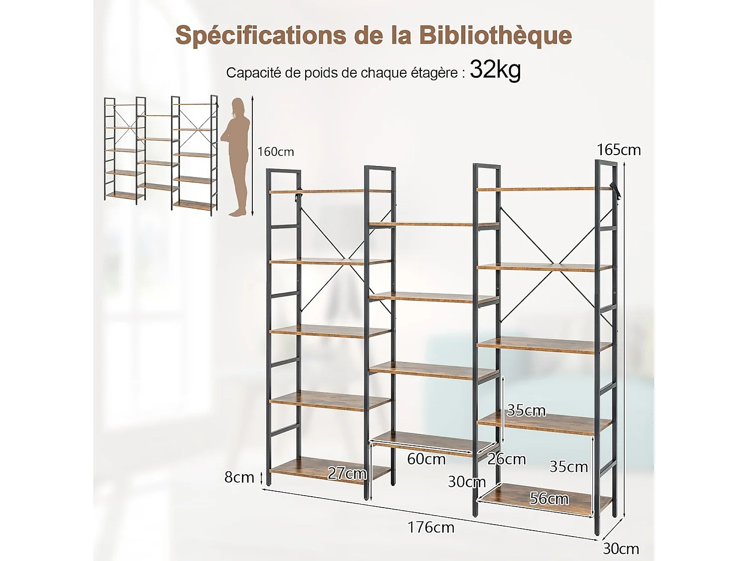 Bibliothèque étagère industrielle, avec 14 etagères,30 x 176 x 165 cm, charge 450 kg