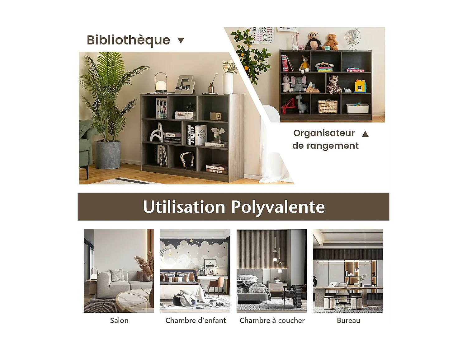 Bibliothèque enfants à 3 niveaux avec 8 cases, 122 x 32 x 93 cm (brun)