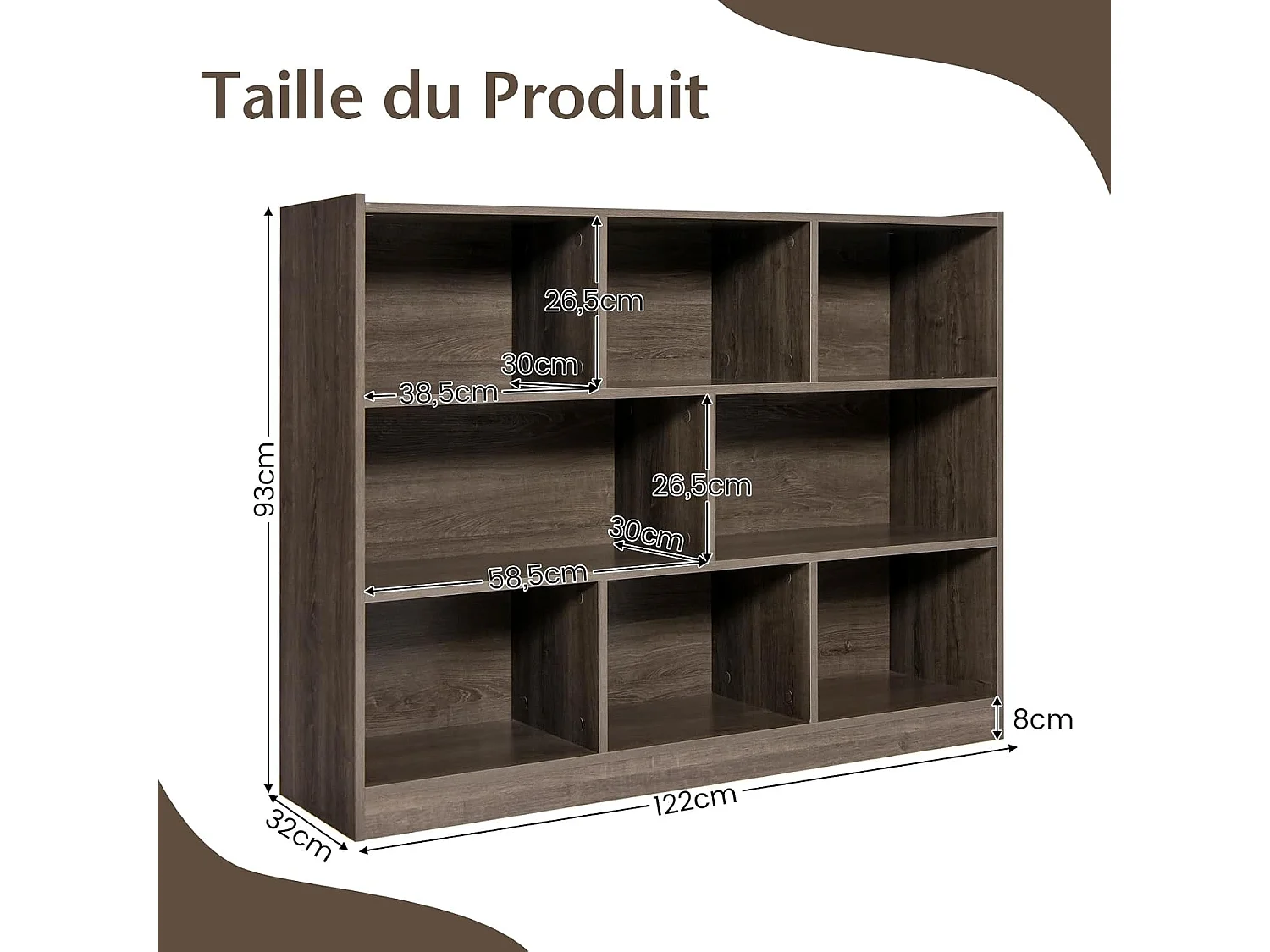 Bibliothèque enfants à 3 niveaux avec 8 cases, 122 x 32 x 93 cm (brun)