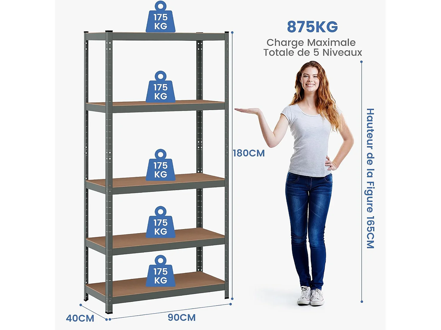 Étagère de rangement à 5 niveaux 46 x 91 x 183 cm, charge lourde totale 875 kg (gris)