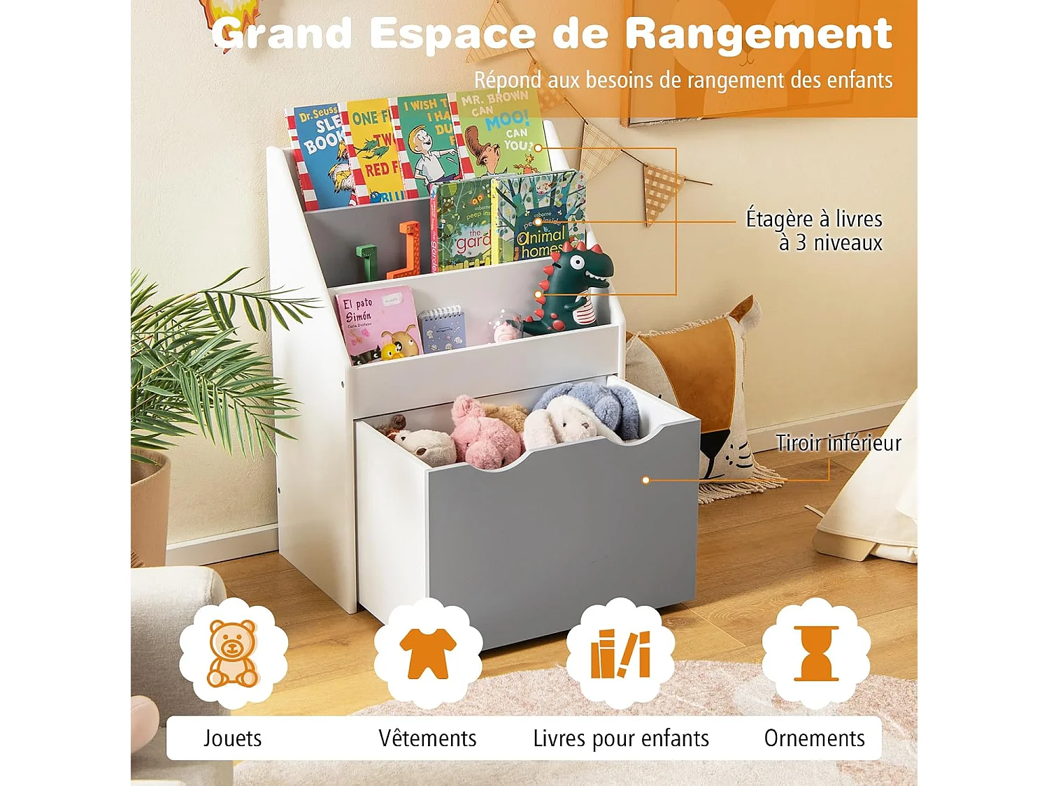 Bibliothèque enfant avec 3 étagères et boîte à jouets roulant, charge 11kg
