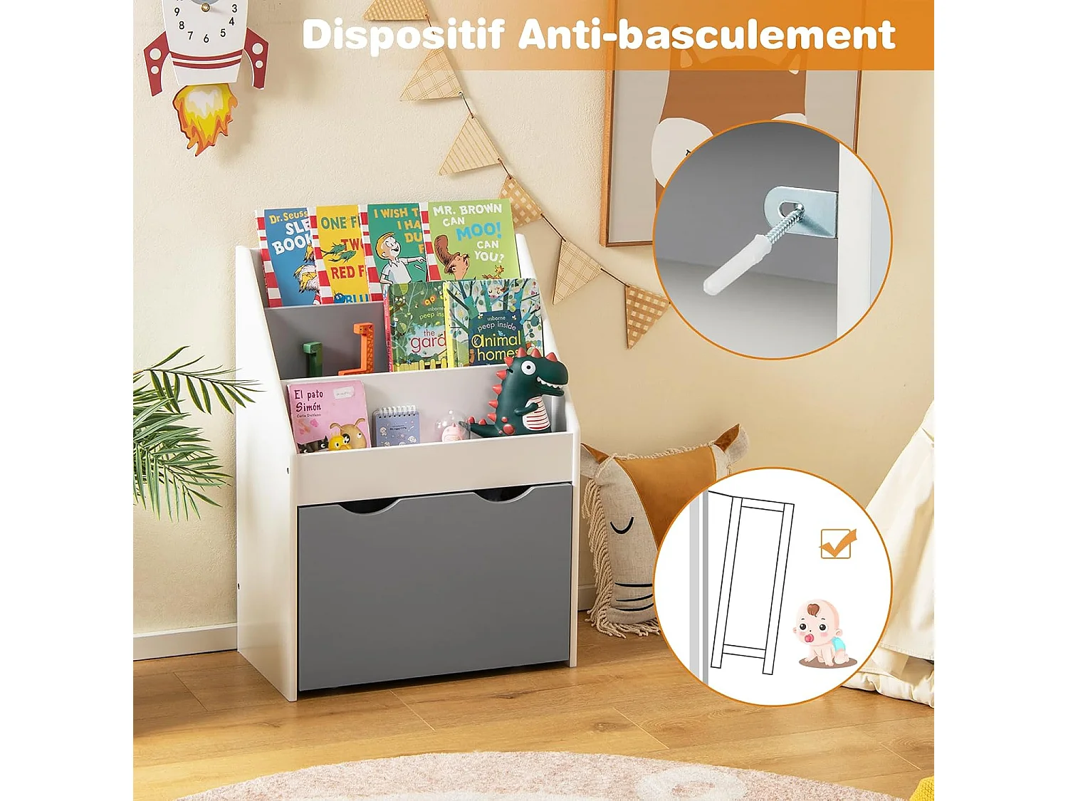 Bibliothèque enfant avec 3 étagères et boîte à jouets roulant, charge 11kg