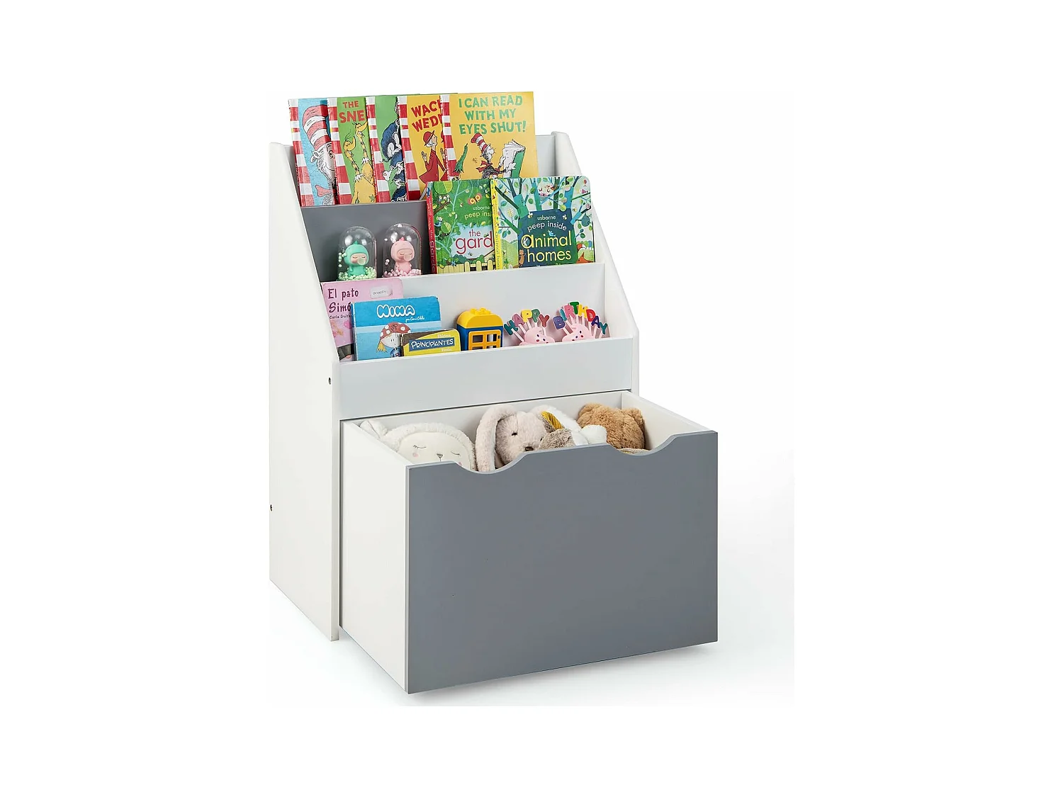 Bibliothèque enfant avec 3 étagères et boîte à jouets roulant, charge 11kg