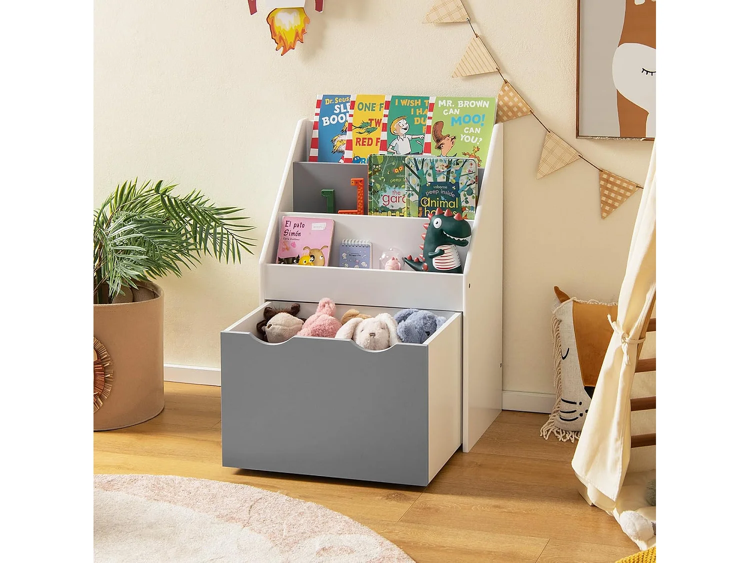 Bibliothèque enfant avec 3 étagères et boîte à jouets roulant, charge 11kg