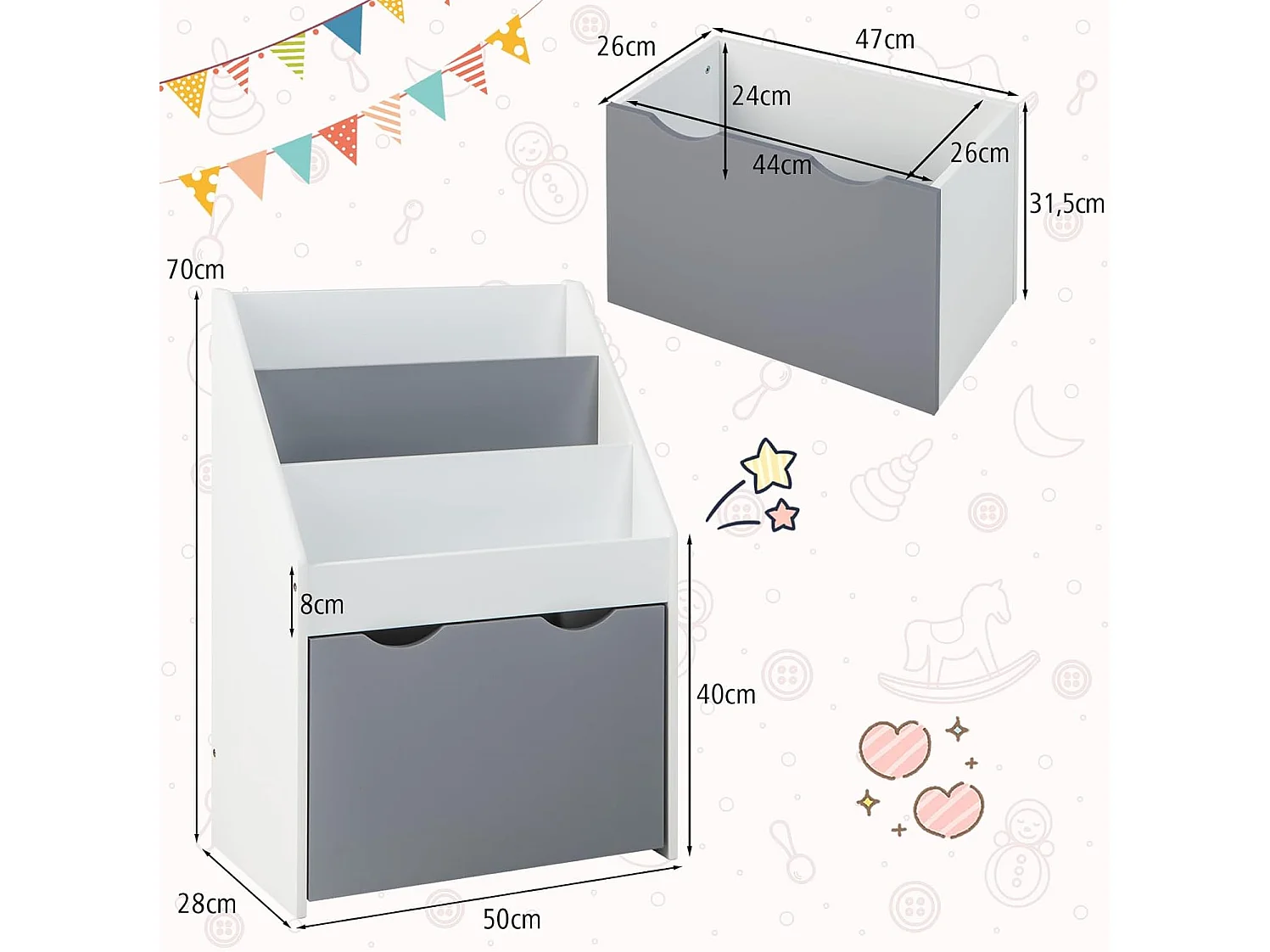 Bibliothèque enfant avec 3 étagères et boîte à jouets roulant, charge 11kg