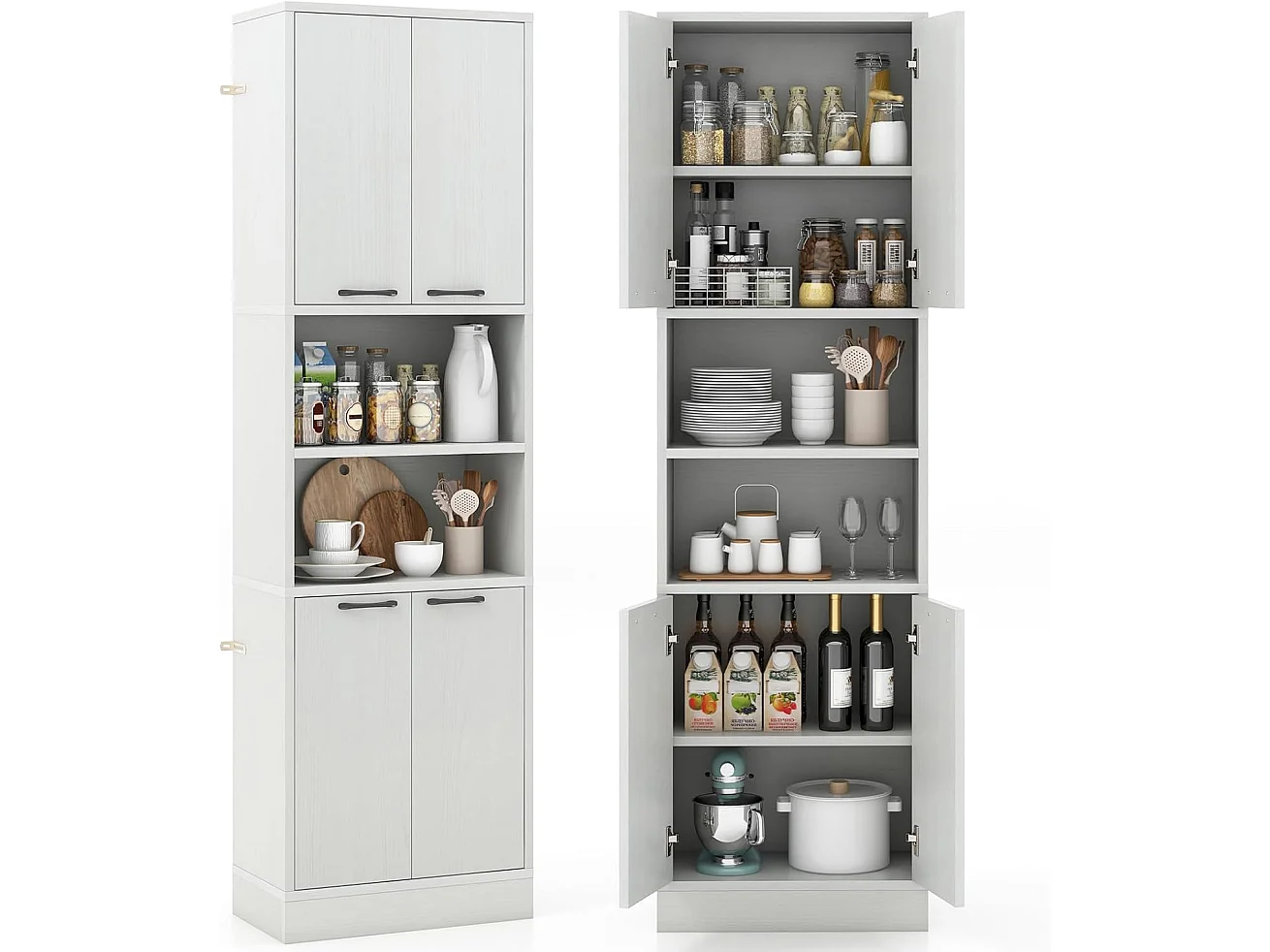 Buffet Cuisine Haut 190 cm, Meuble Cuisine Rangement, 2 Placard Rangement, 2 Doubles Portes, 6 Etagères, Kits Anti-Basculement, Vaisselier, Armoire Rangement pour Salle de Bain (Blanc chêne)