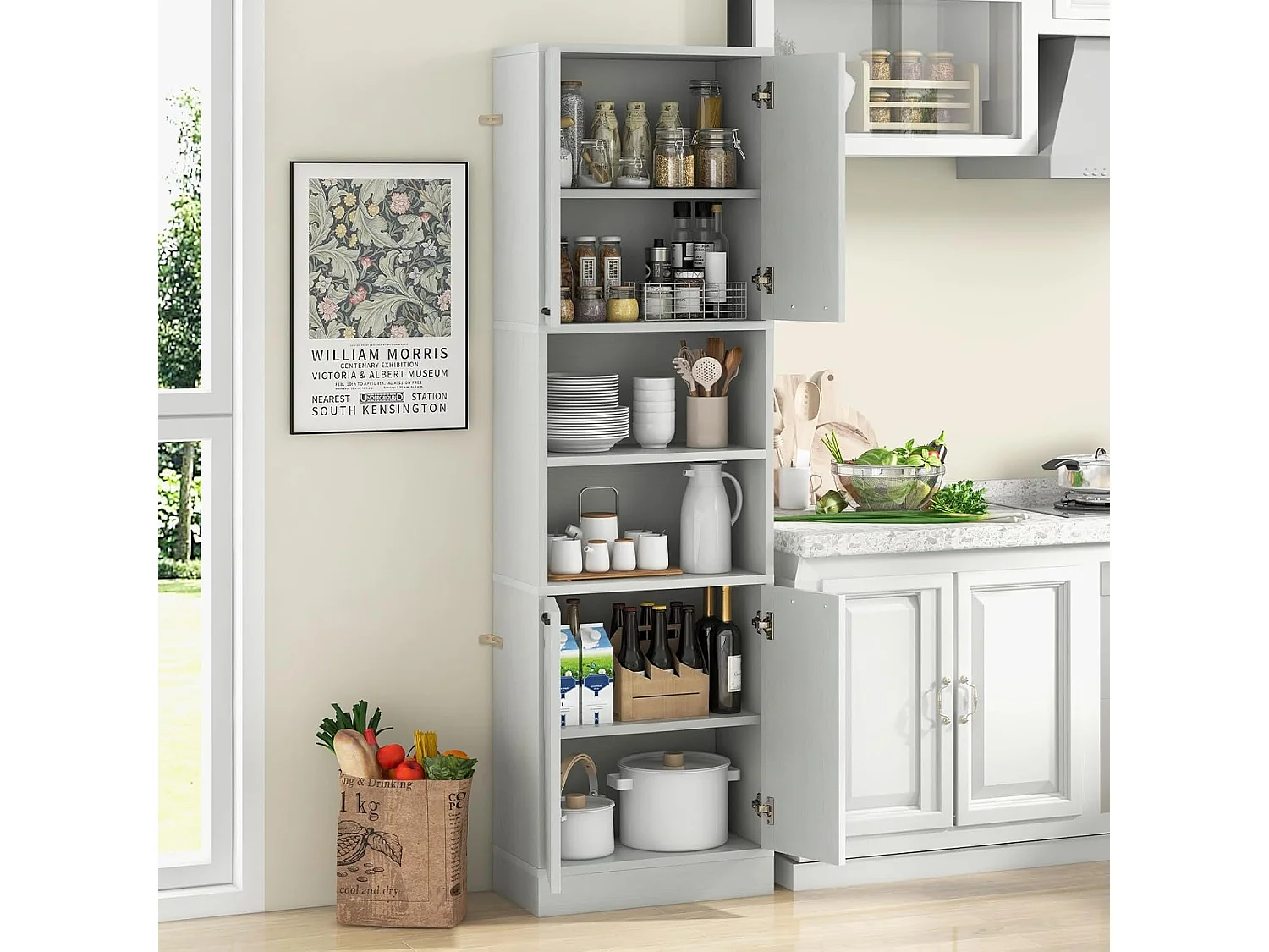 Buffet Cuisine Haut 190 cm, Meuble Cuisine Rangement, 2 Placard Rangement, 2 Doubles Portes, 6 Etagères, Kits Anti-Basculement, Vaisselier, Armoire Rangement pour Salle de Bain (Blanc chêne)