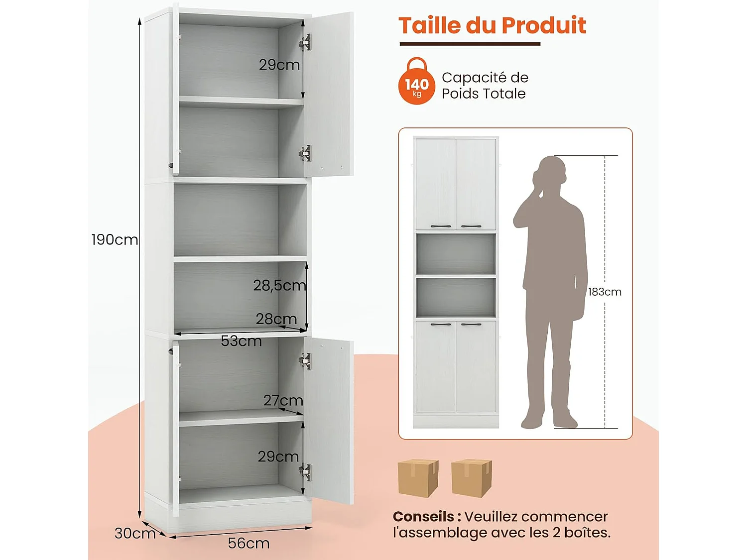 Buffet Cuisine Haut 190 cm, Meuble Cuisine Rangement, 2 Placard Rangement, 2 Doubles Portes, 6 Etagères, Kits Anti-Basculement, Vaisselier, Armoire Rangement pour Salle de Bain (Blanc chêne)