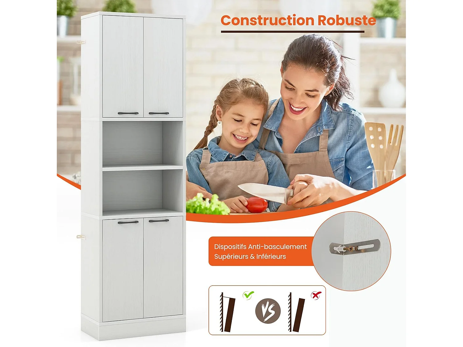 Buffet Cuisine Haut 190 cm, Meuble Cuisine Rangement, 2 Placard Rangement, 2 Doubles Portes, 6 Etagères, Kits Anti-Basculement, Vaisselier, Armoire Rangement pour Salle de Bain (Blanc chêne)